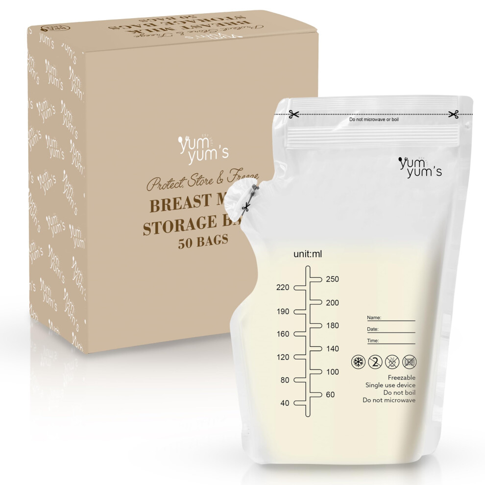 Yum Yum's 50 Pcs X 250Ml Breast Milk Storage Bags - Disposable No-Leak Pouches
