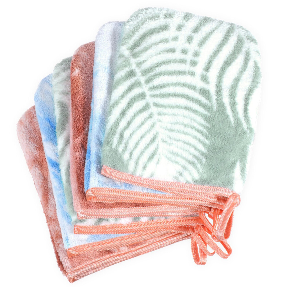 6 Pack Face Cloth Wash Mitt, Super Absorbent & Soft Face Body Fleece Microfibre Washcloths, Facial Mitts With Hanging Loop,21X15cm,Tie- Coral Phogary