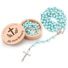 FIDWALL My First Rosary with Keepsake Box – Baptism & Baby Shower for Girls and Boys | Catholic Holy First Communion Christian Prayer Beads (Blue)