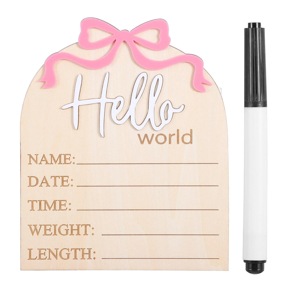 Pink Newborn Announcement Sign Wooden 5.9' Hello World Birth Stat Plaque With Bow And Pen