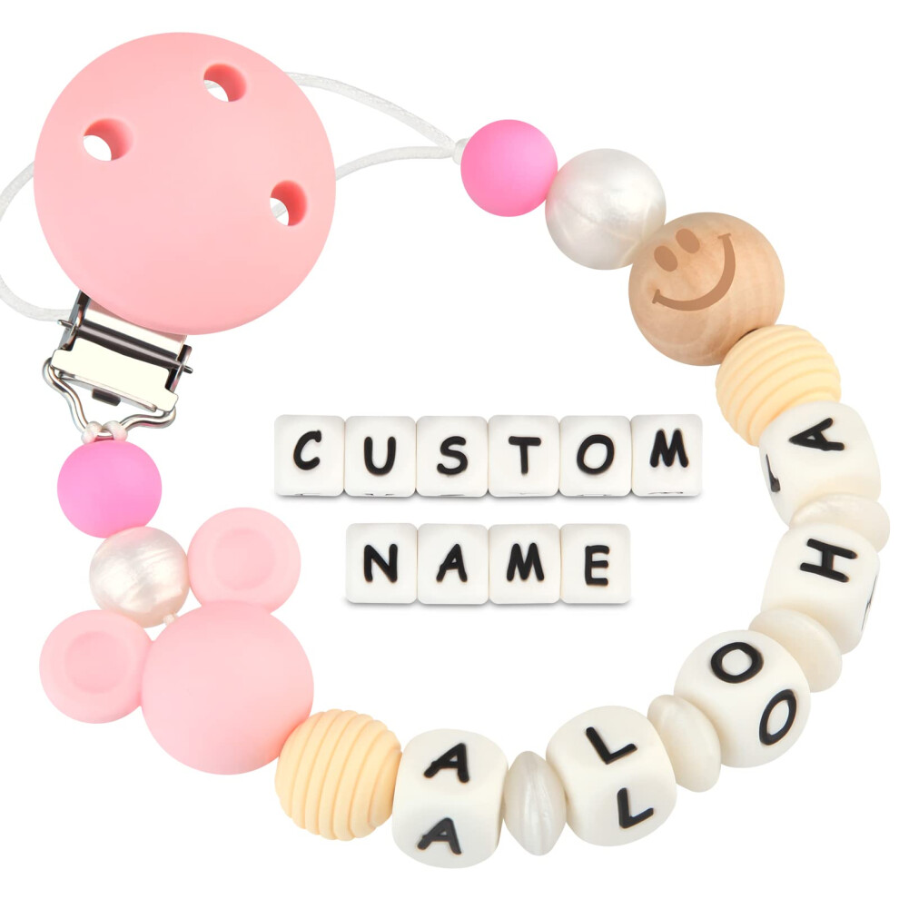 Kowlone Dummy Clips Personalised Name For Boys Girls Soother Chain Mouse Customized Pacifier Holder(Pink)