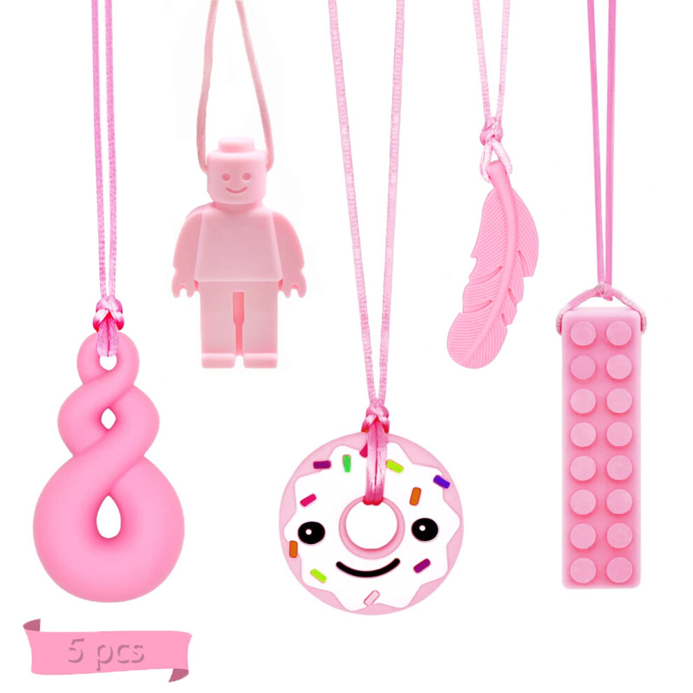5Pcs Sensory Chew Necklace, Teether Chew Toys For Autistic Children, Anxiety, Biting Needs Silicone Chewy Teether Toy Made Of Food Grade Silicon Pink Wandergo