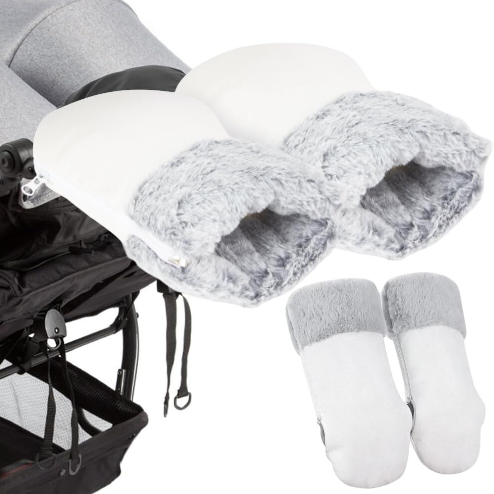 Pram Hand Muff, Windproof Pram Gloves With Zip Thick, Waterproof, Anti-Freeze Pushchair Hand Muff For Buggy, Bike And Trailer - Zip (White) White Gobesty