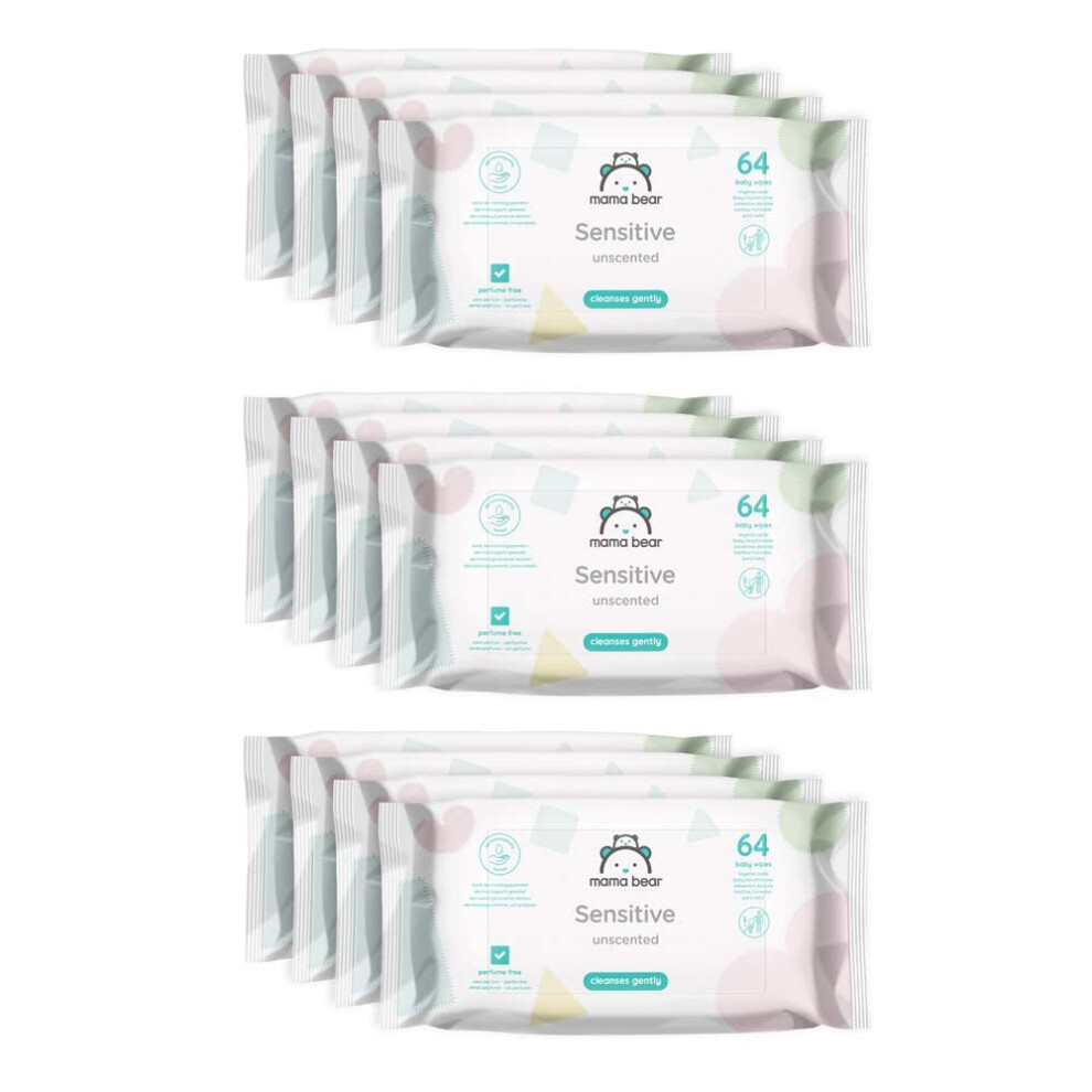 Amazon Brand - Sensitive Unscented Baby Wipes, 768 Count (12 Packs Of 64) Mama Bear