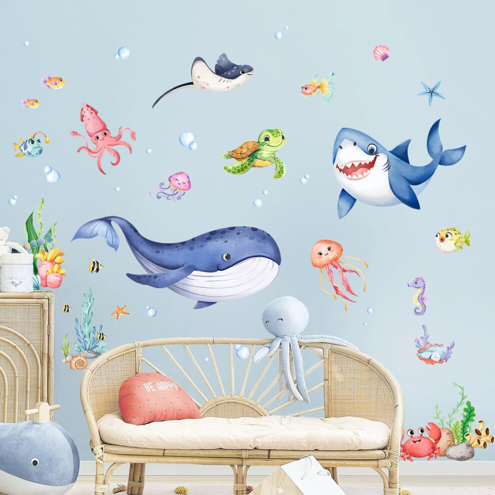 Supzone Boys Under The Sea Wall Stickers, Ocean Creatures Whale Shark Turtle Fish Seaweed Sea Animal Life Wall Decals For Baby Kids Bathroom Toddlers