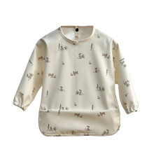 Cozozn Baby Weaning Bib Long Sleeves Toddler Feeding Bibs with Arms Back Waterproof Coverall Weaning Bib 0-2 Years, Rabbit Beige