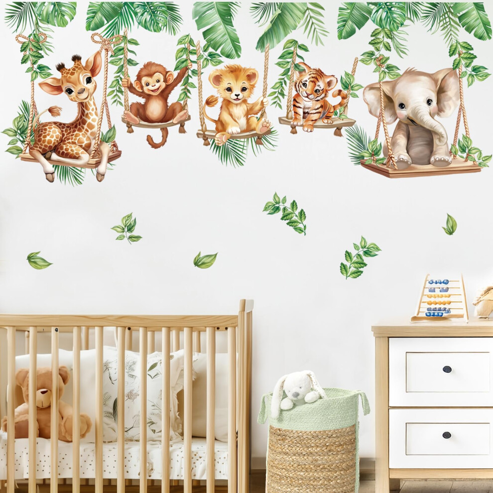 Jungle Animal On Swings Wall Stickers Baby Lion Elephant Giraffe Tropical Wondever