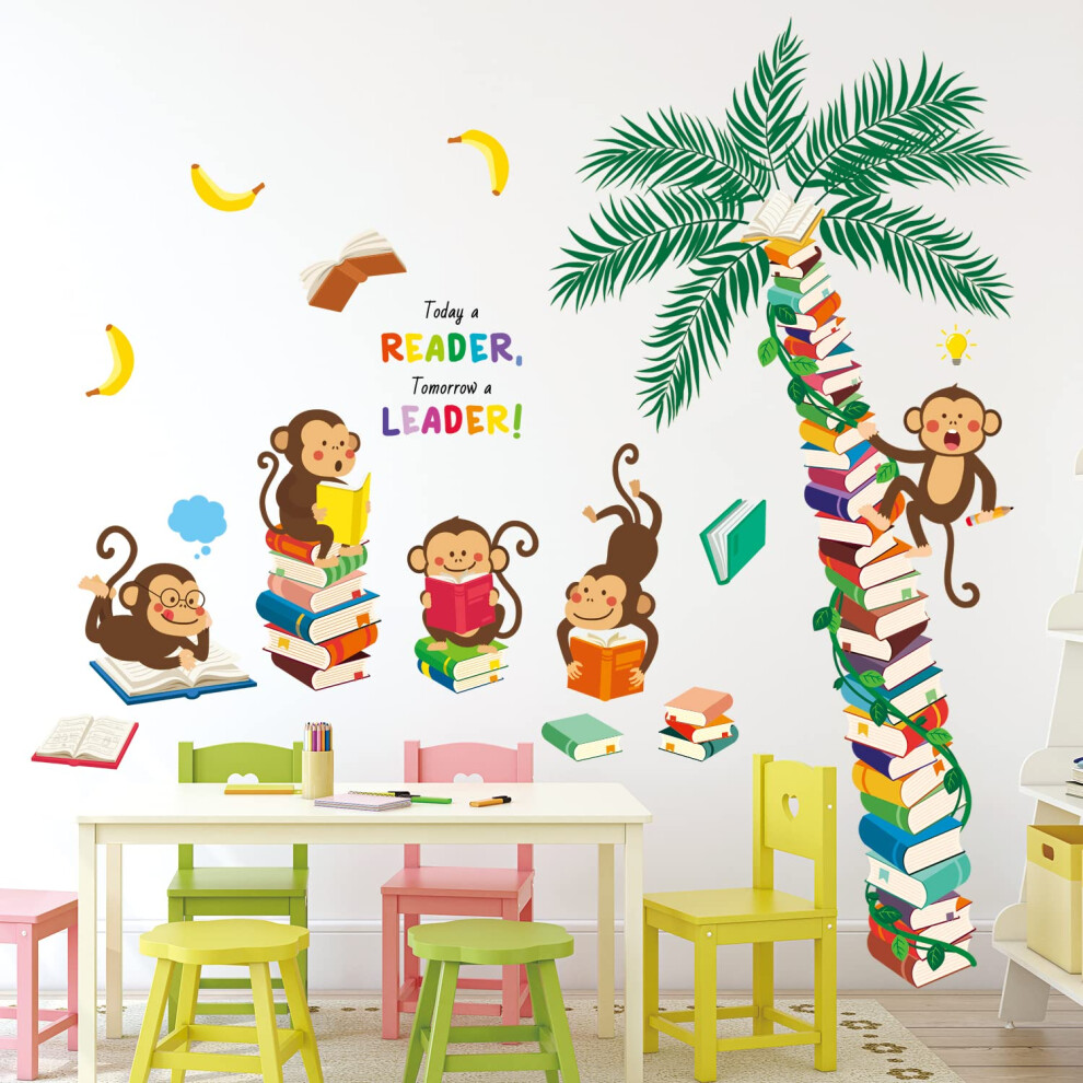 Decowall Dsl-8065 Book Tree & Reading Monkeys Wall Stickers Removable Vinyl Decals