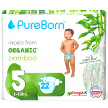 PureBorn Eco Organic Bamboo Nappies, Size 5 (11-18 kg), 22 Nappies, Hypoallergenic,