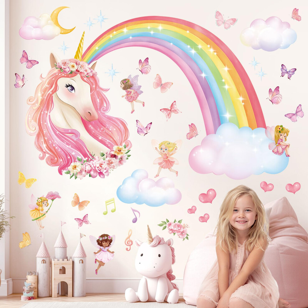 Decowall Sg2-2321 Rainbow Wall Decals Unicorn Rainbow Butterflies Clouds Wall