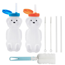 LONTOM 2 Pack Honey Bear Straw Cups, Squeezable Bear Bottle, Reusable Food-Grade & BPA Free Sippy Cup, Therapy Assistive Straw Bottle for Special Nee