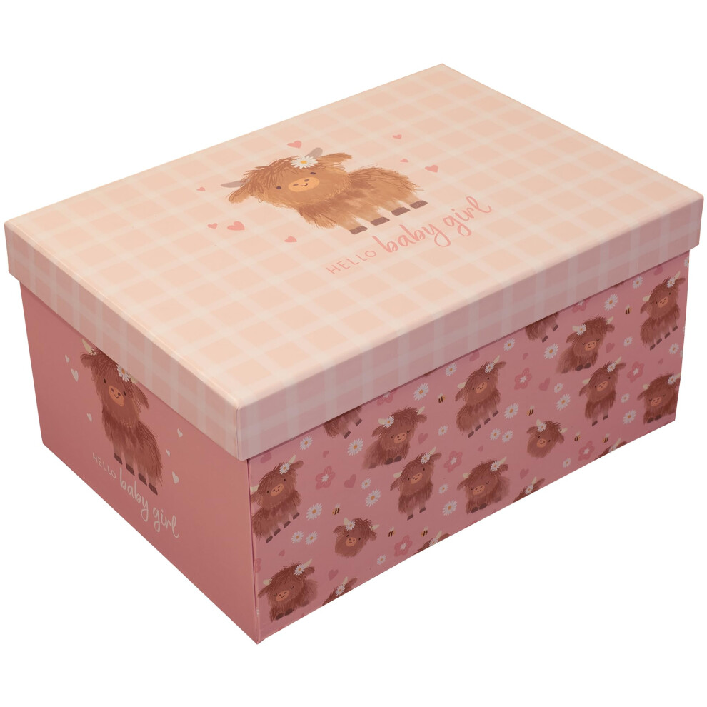 “Hello Baby Girl” Keepsake Gift Box – Highland Cow Newborn Pink Design By Violet