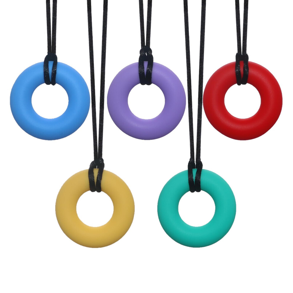 5 Pack Silicone Chewy Necklace Donut Shape, Sensory Chew Toys For Kids With Autism, Adhd, Biting Needs, Chewy Teethers For Autistic Baby And Toddler, Hoaisun