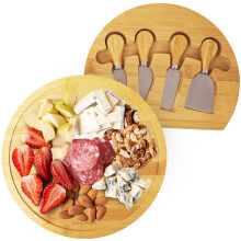 Bamboo Round Cheese Board Set with SlideOut Cutlery Drawer and 4 Knives for Wedding Gift