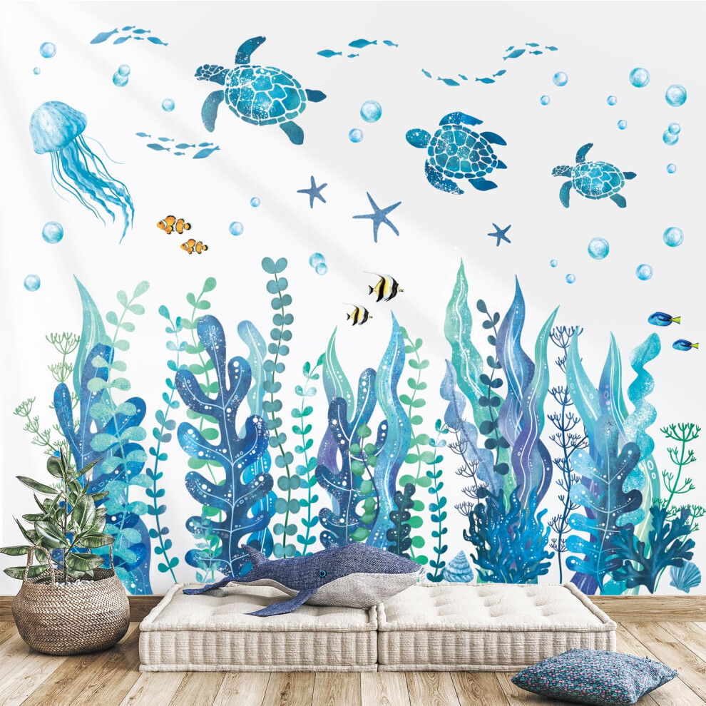 Decowall Ds12-8084 Under The Sea Seaweed Wall Stickers Fish Turtle Ocean Grass