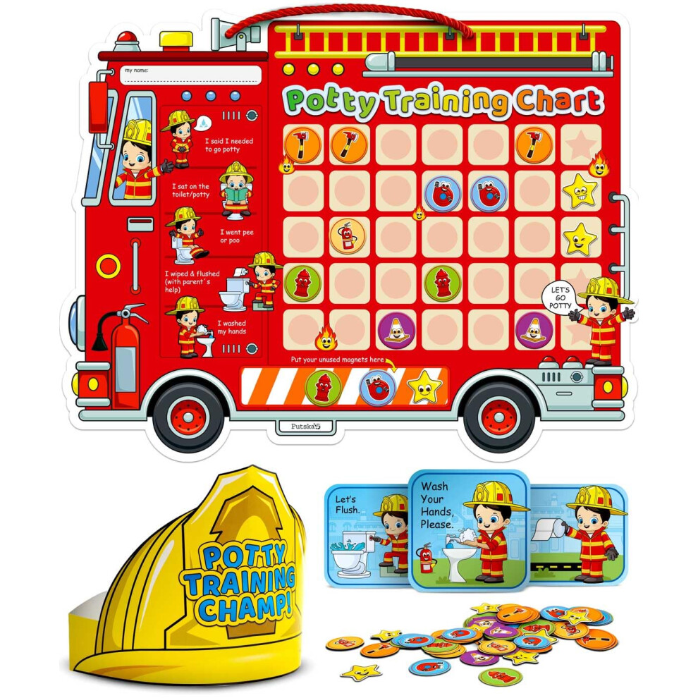 Potty Training Chart With 35 Stickers, 3 Reminder Stickers And Crown For Toddlers Boys And Girls - Potty Training Rewards For Kids - Fireman Putska