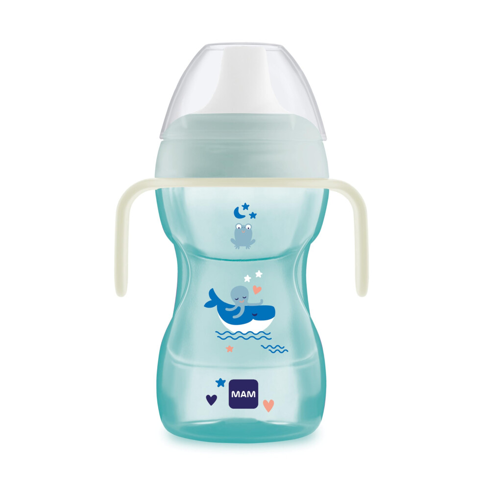 Mam Fun To Drink Cup & Glow Handles | Spill-Free Sippy Cup For Toddlers | Non-Slip Handles | Encourages Independent Drinking | Blue (Various Designs)