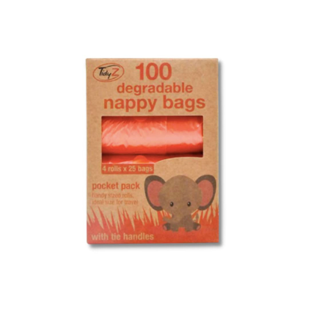 100 Large Degradable Nappy Bags With Tie Handles - 4 Pocket Size Rolls Of 25, Orange