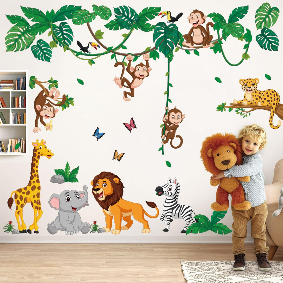 Decowall Ds12-8069 Jungle Animals Cartoon Wall Stickers Elephant Giraffe Lion Safari Decals For Baby Nursery Kids Room Bedroom Living Room Wall Décor