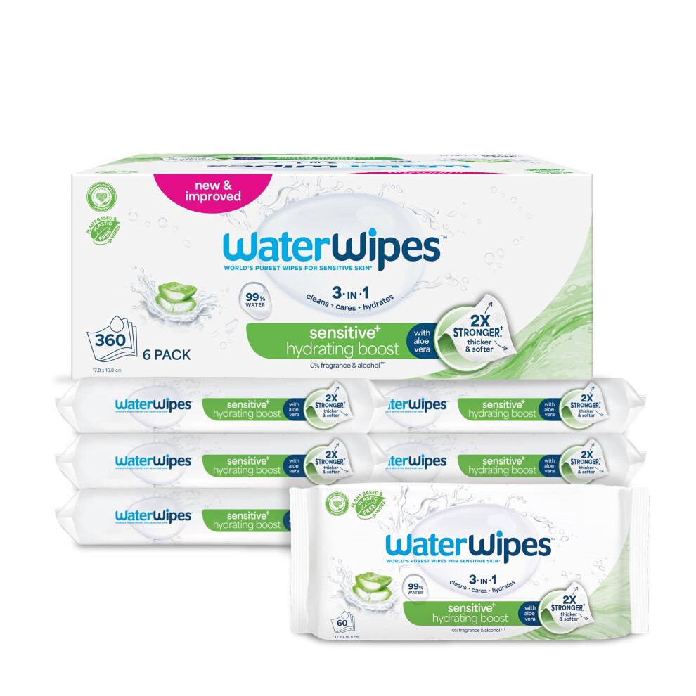 Waterwipes Sensitive+ Hydrating Boost Wipes, 360 Count (6 Packs), 3-In-1 Cleans,