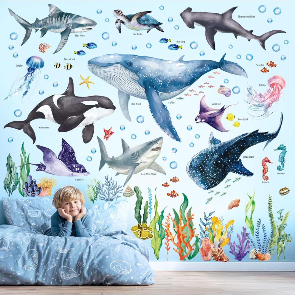 Decowall Under The Sea Large Wall Stickers Whale, Shark & Sea Creature Decals For