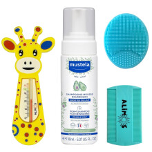 Cradle Cap Foam Shampoo For Newborns 150ml Bundled With Alimos Baby Bath Silicone Brush & Fine Tooth Comb And Bath Thermometer