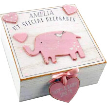 Personalised Elephant Memory Box - Vintage Wooden Keepsake Box for Baby Memories, Room Decor, Jewellery (Pink, Customised)
