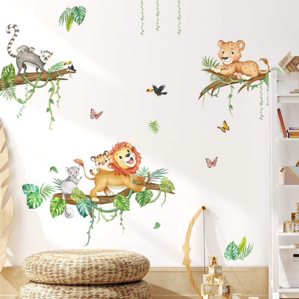 Tanlaby Jungle Animals Tree Branch Wall Decals Safari Lion Tiger Leopard Wall