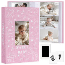 EARLY MINDS Baby Photo Album 6x4 300 Pockets, Linen Hardcover Slip-in Memory Book with Front Window, Memo Area, Hand and Footprint Kit, Acid-Free Kee