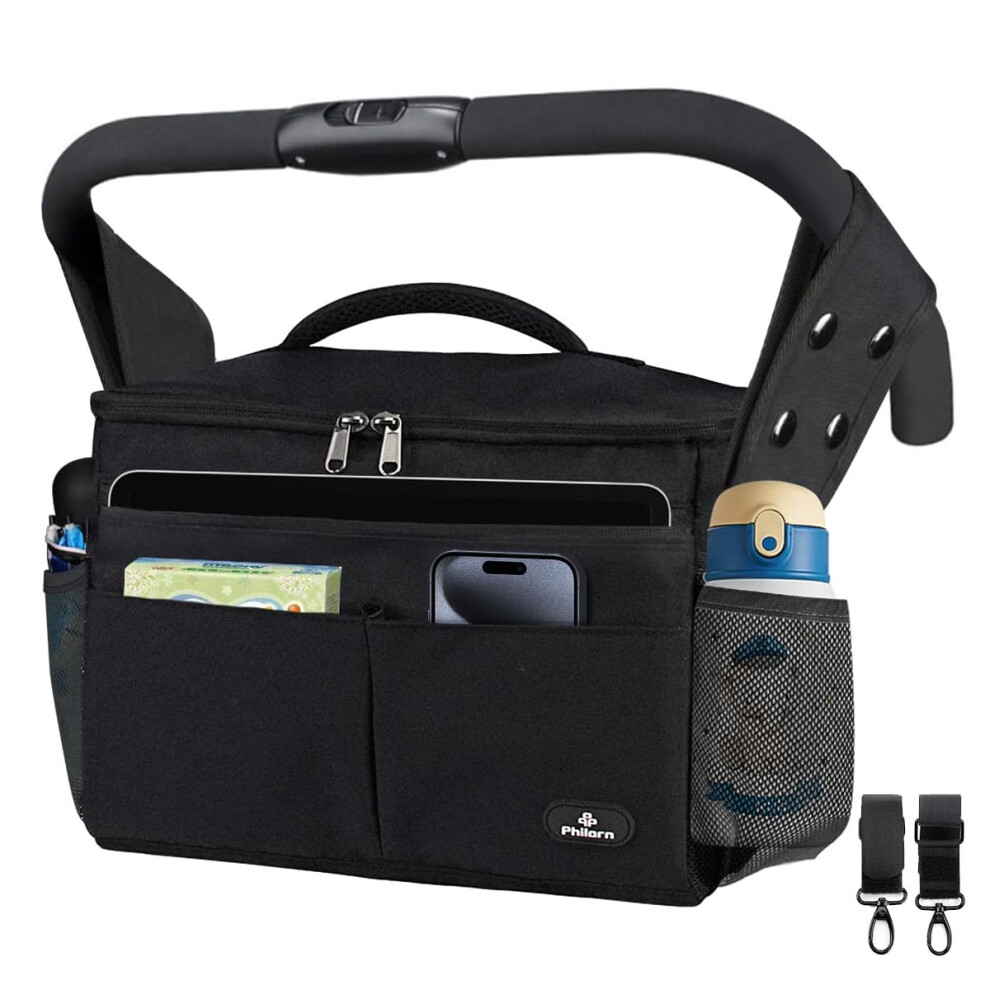 Pram Bag, Pushchair Organiser Bag With Insulated Cup Holders, Buggy Organiser With Large Capacity For Baby Essentials Fits For Universal Stro Philorn