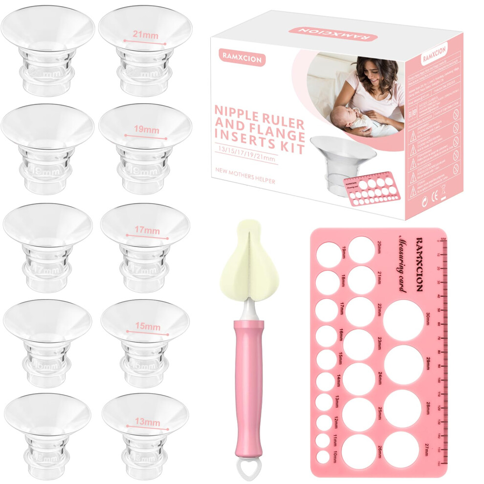 Ramxcion Nipple Rulers With 10Pcs Flange Inserts 13/15/17/19/21Mm Compatible With 24Mm Flanges/Shield Of Most Breast Pumps, Silicone Flange Sizing Br