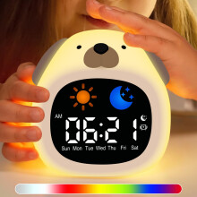 SunnyOcean Kids Alarm Clock with Night Light, Toddler Sleep Trainer Clock with White Noise, Rechargeable Digital Clock for Children, Dog