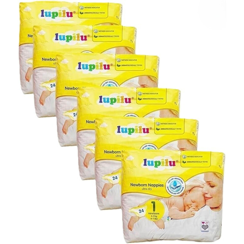 6 Lupilu Newborn Nappies - Ultra Dry | Size 1 Nappies Newborn 2-5Kg(4-11Lbs) 24Pcs Jokolo
