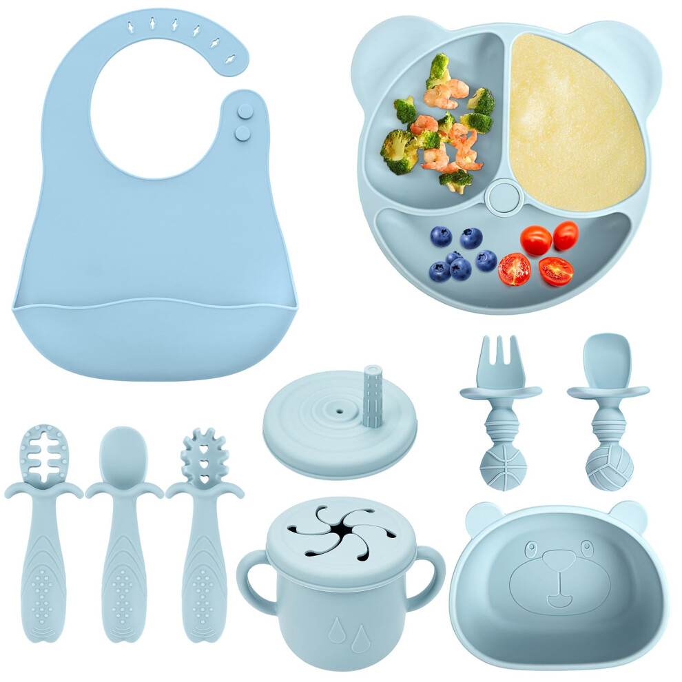 Baby Weaning Set, 10 Pcs Silicone Baby Feeding Set, Baby Led Weaning Feeding Supplies For Toddlers, Baby Plates And Bowls Sets With Adjustabl Comeder