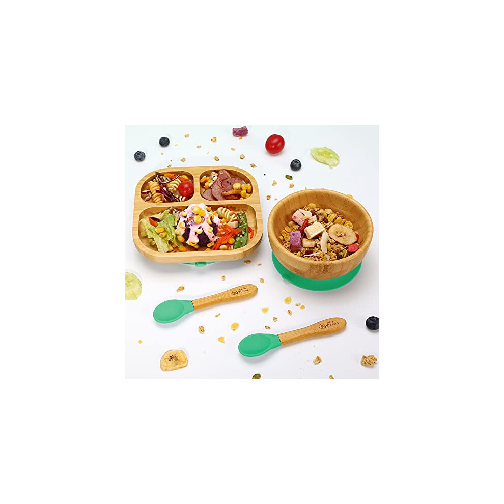 Bamboo Bowl, Square Plate And Spoon Set For Baby/Toddler, Suction Plate, Vinsani