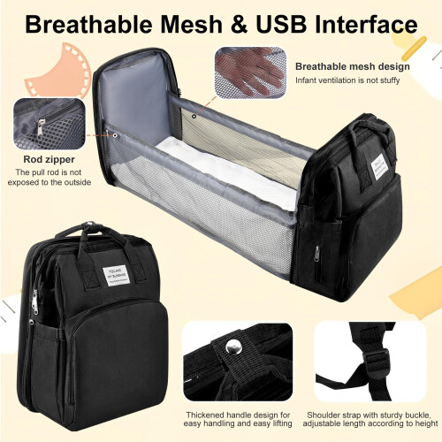 Baby Changing Bag Backpack, Portable Nappy Changing Backpacks with Foldable Cot Bed, 1