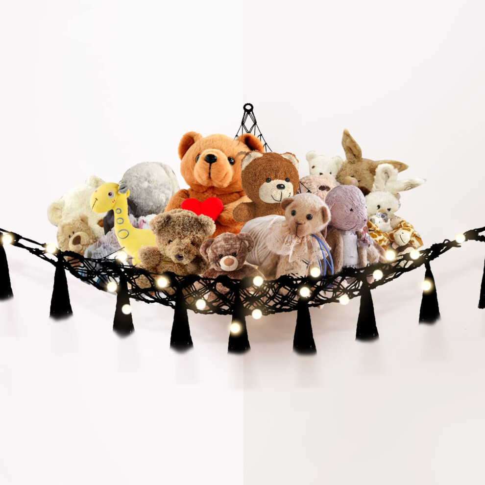 Macrame Boho Teddy Hammock For Stuffed Animals - Plush Toy Storage Net For Kid Room - Corner Hanging Holder For Teddies - Black Visator