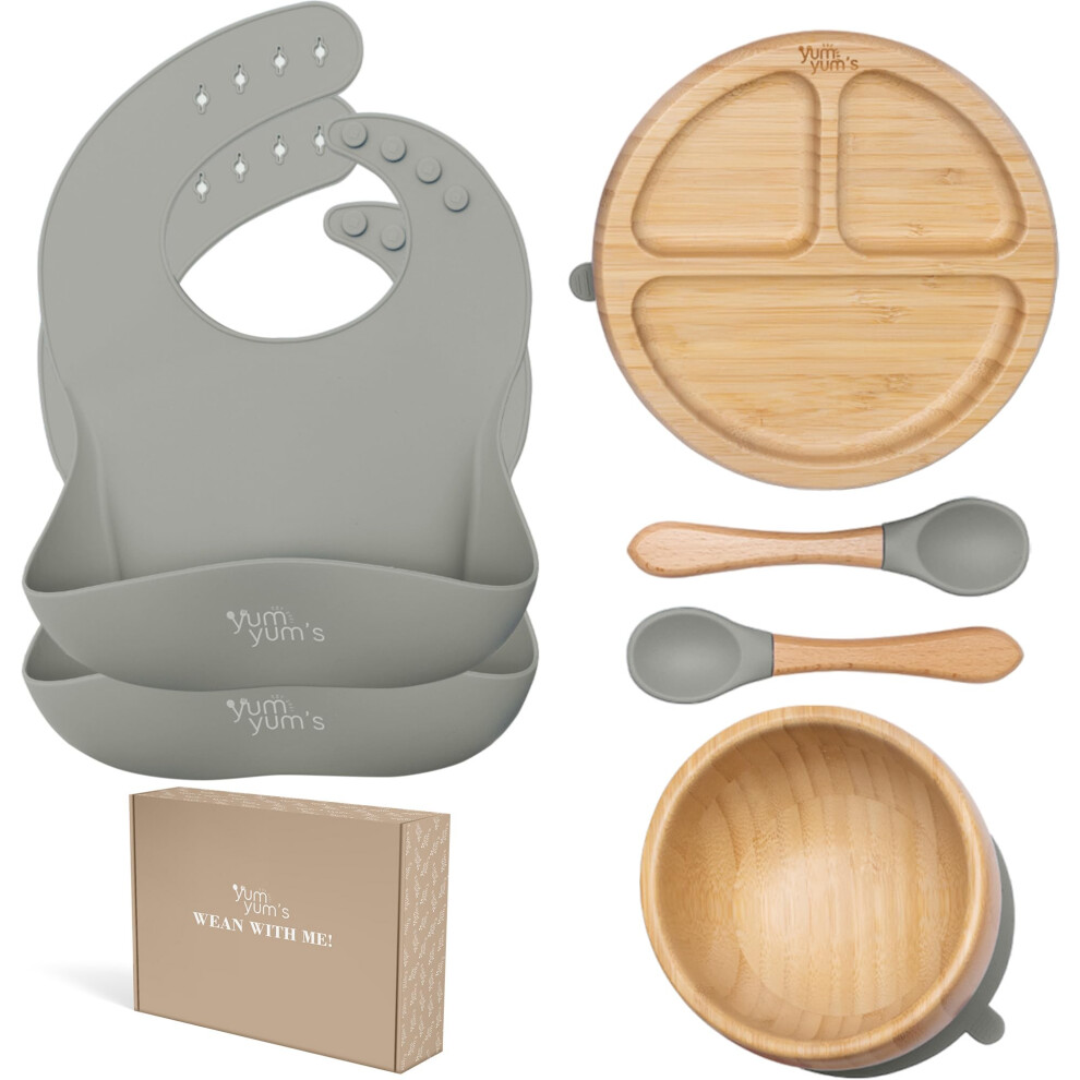 Set Of 6, Baby Feeding Set, Baby Plates With Suction, Bamboo Plates, Baby Bowl & Wooden Spoons | Baby Weaning Set, Suction Bowl And Baby Pl Yum Yum's
