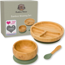 Bubba Bear Baby Bamboo Weaning Set | Toddler & Babies Plates & Bowls with Suction | Childs Led Feeding Plate, Bowl and Spoon Set | Wooden Dinner Esse