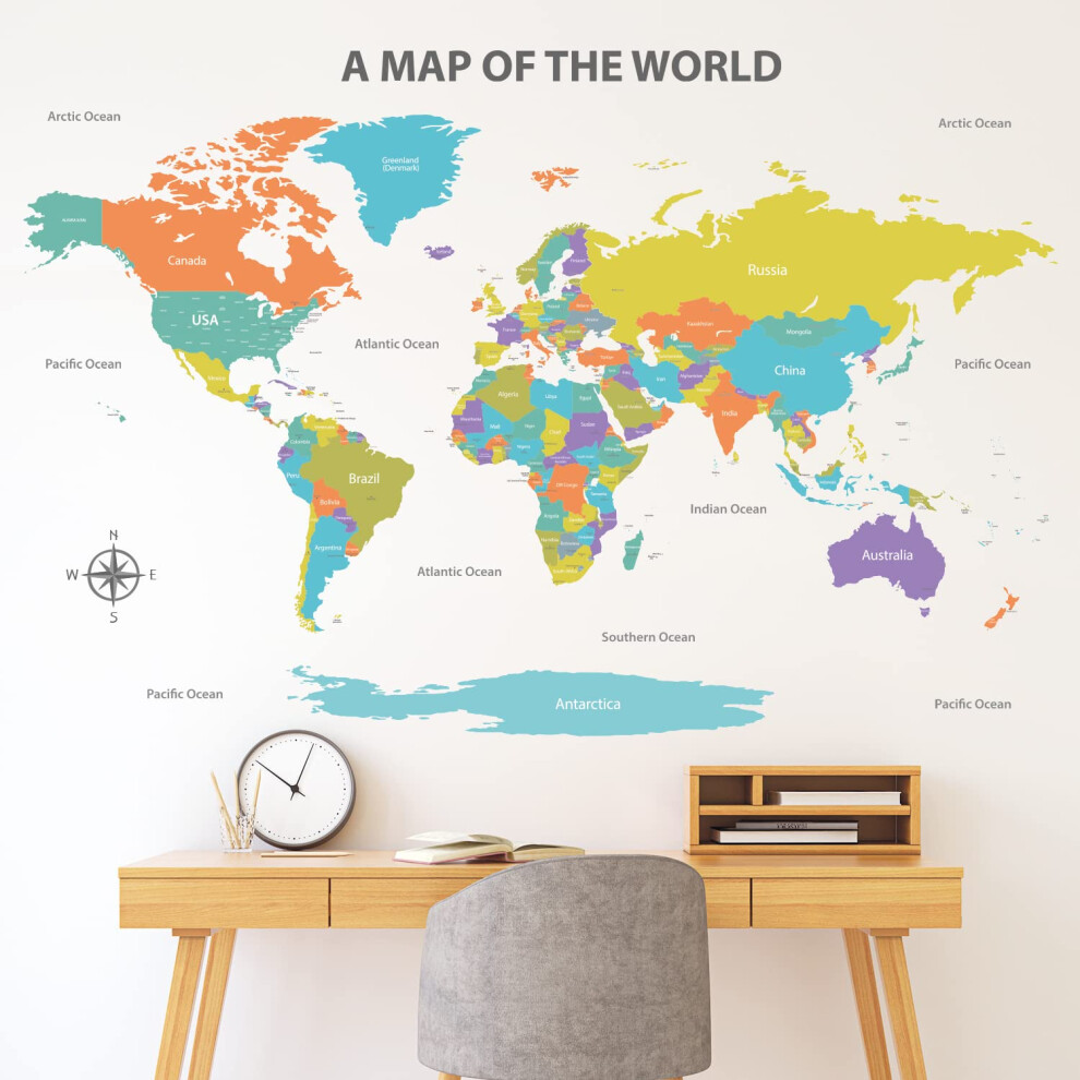 Decowall Dl3-2302 Colourful World Map Wall Stickers (X-Large 152 X 105Cm) Educational Wallpaper Decals For Kids Diy Living Room Bedroom Art Home Déco