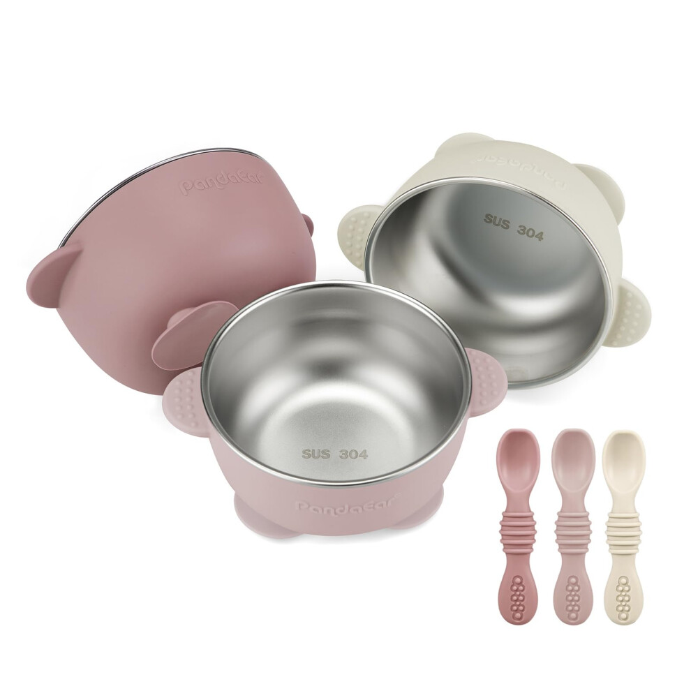 3 Pack Stainless Steel Baby Suction Bowls With 3 Spoons, Stay Put Silicone Pandaear
