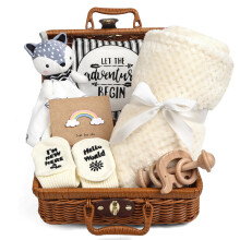 Baby Shower Gifts, New Baby Boy Gift, Baby Hampers Gift Basket Unisex, 7 in 1 Newborn Baby Gifts- A Baby Blanket, Lovey Security Blanket, Bib, Wooden