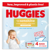 Huggies Pure Extra Sensitive Baby Wipes – Plastic Free Wet Wipes, 99% Water,
