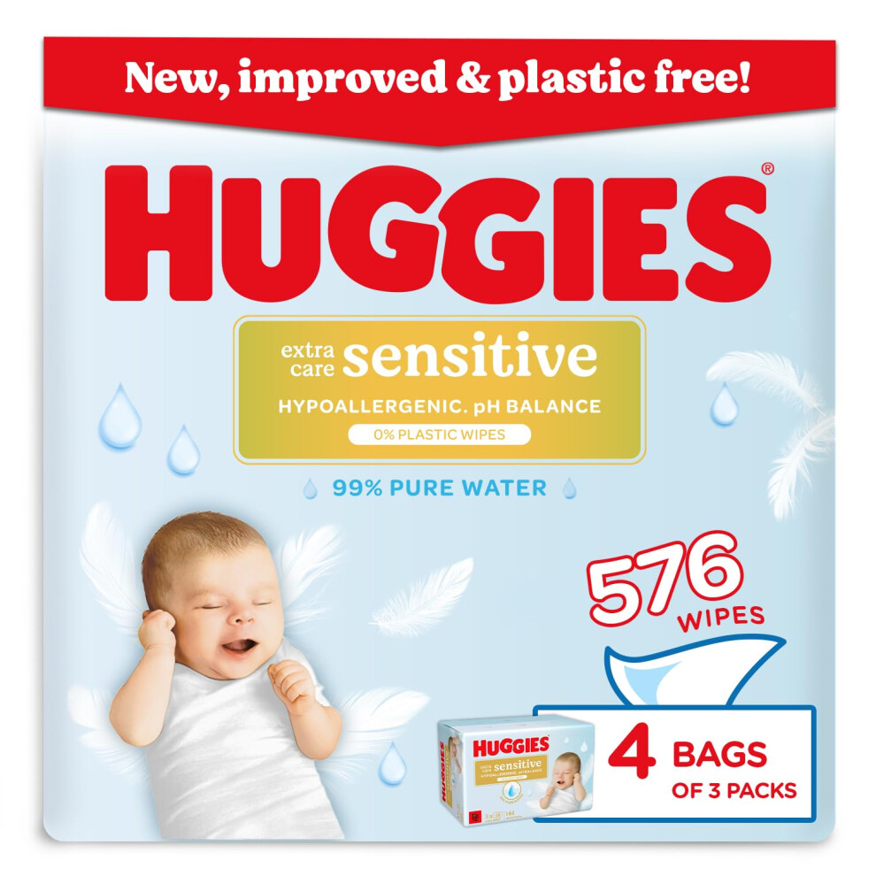 Huggies Pure Extra Sensitive Baby Wipes – Plastic Free Wet Wipes, 99% Water,