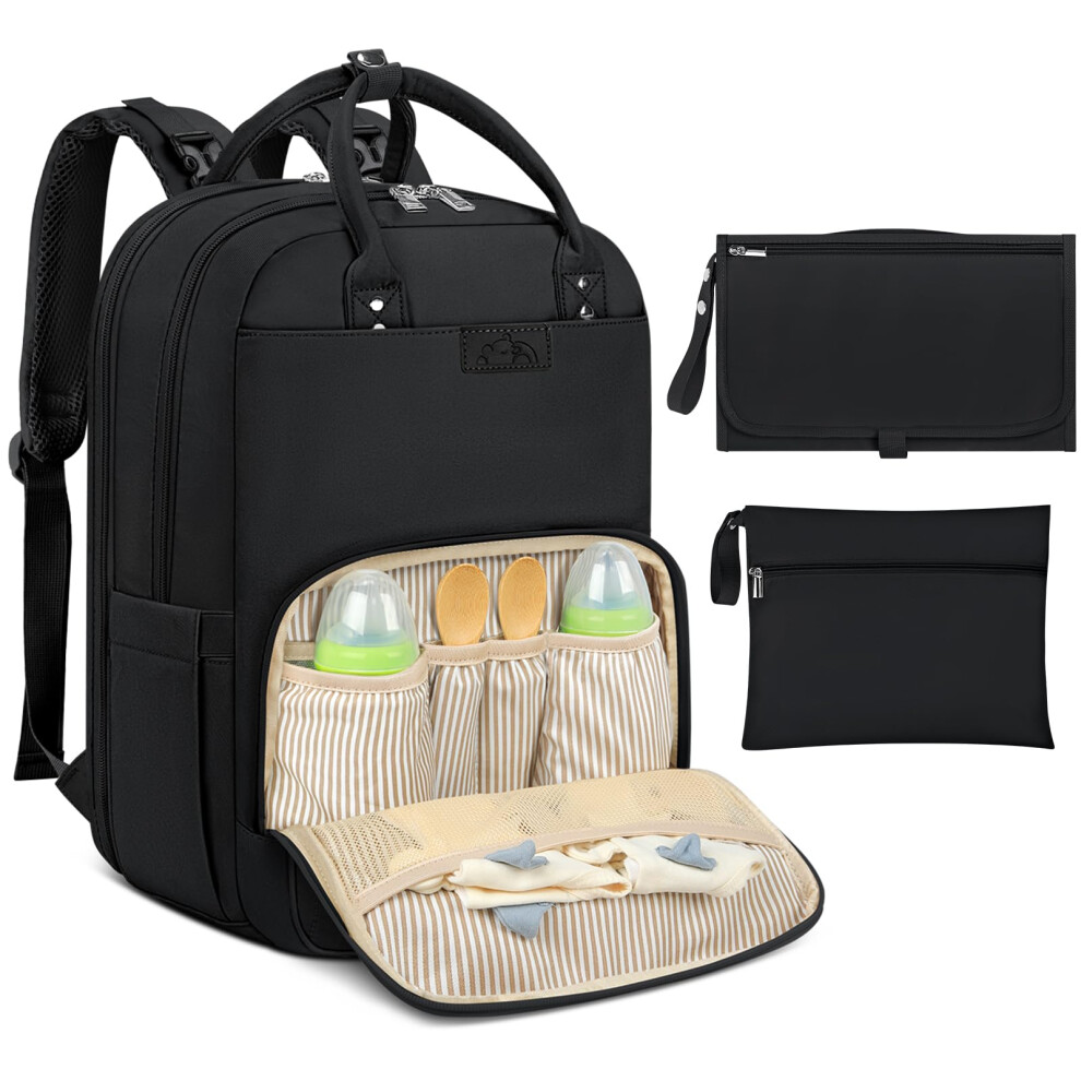 Newhey Baby Changing Bag Backpack With Portable Changing Mat Waterproof Nappy Bag Multifunction Baby Diaper Bags Large Rucksack Bag For Mom & Dad Black