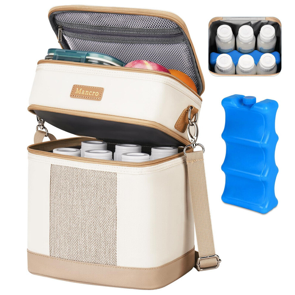 Mancro Double Layer Breast Milk Cooler Bag, Insulated Baby Bottle Bag With Ice Packs Fits 6 Bottles Up To 9 Ounces And A Wearable Breast Pump, Baby B