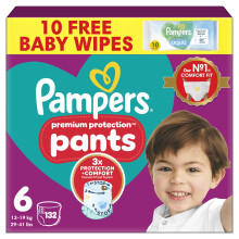 Pampers Premium Protection Nappy Pants Size 6, 132 Nappies, 13kg-19kg, Monthly Pack