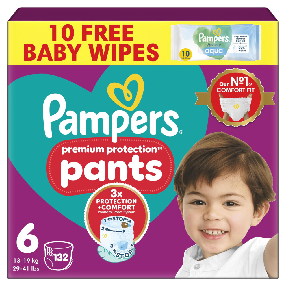 Premium Protection Nappy Pants Size 6, 132 Nappies, 13Kg-19Kg, Monthly Pack Pampers