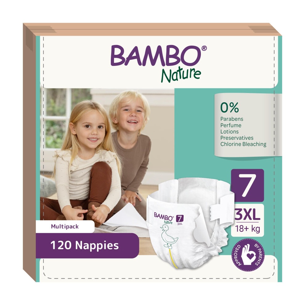 Nappies Size 7 (18+Kg), Box Of 120 Disposable Nappies, Eco Nappy With Enhanced Leakage Protection, Secure Baby Nappy, Skin-Friendly For Bambo Nature