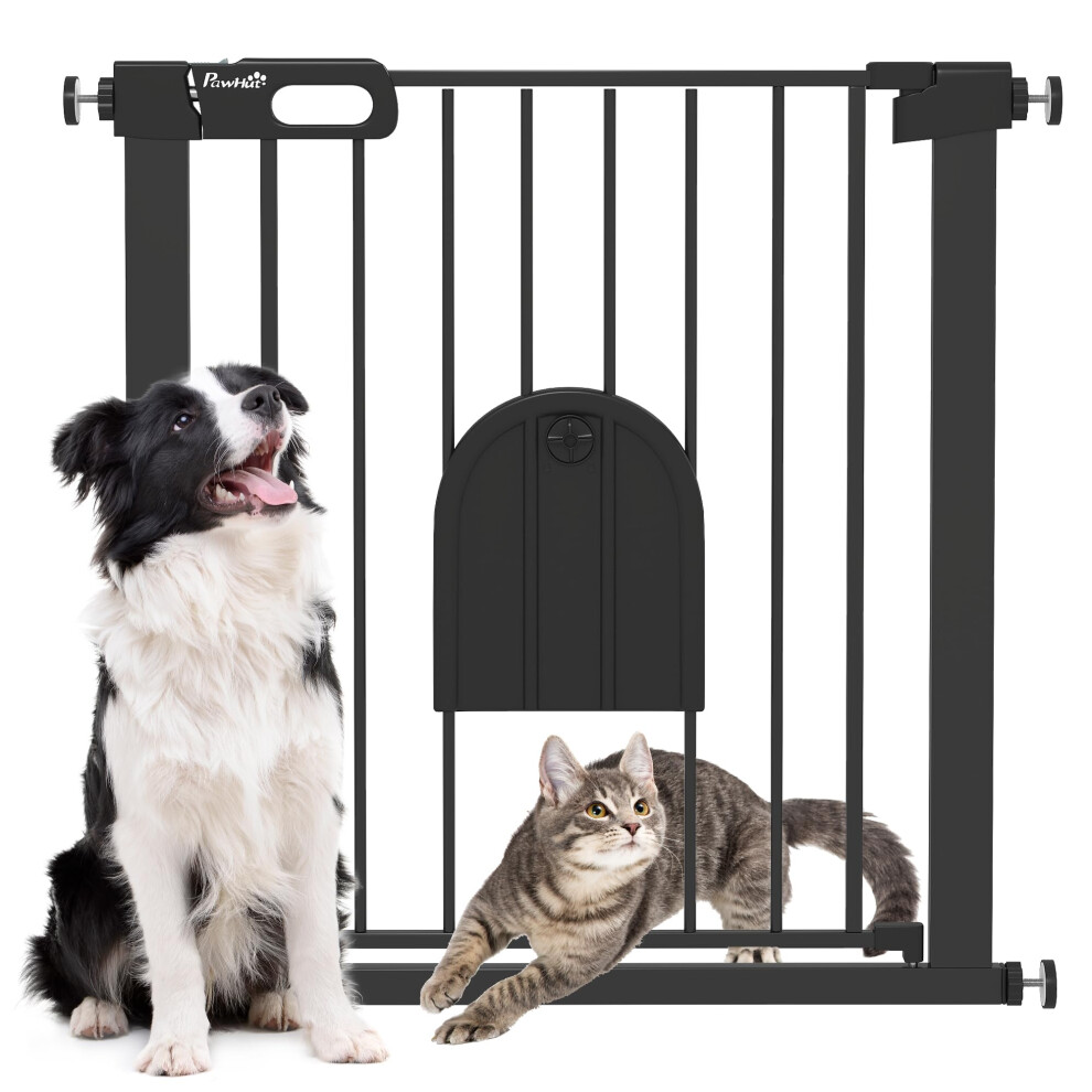 Pawhut Dog Gate With Cat Flap Pet Safety Gate Barrier, Stair Pressure Fit, Auto Close, Double Locking, For Doorways, Hallways, 75-82 Cm Black